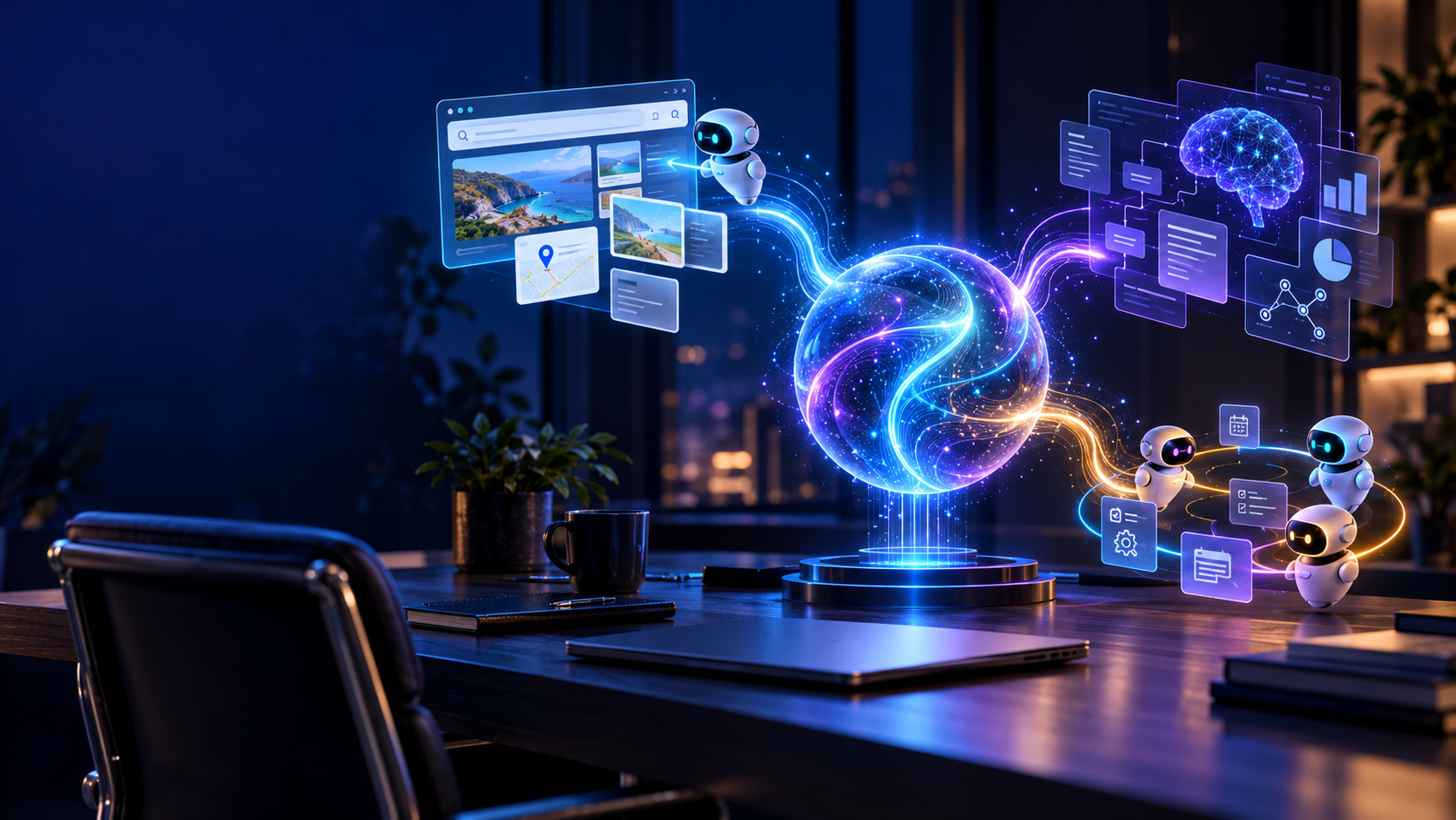 Ilustración de agentes de inteligencia artificial colaborando en un entorno de trabajo digital