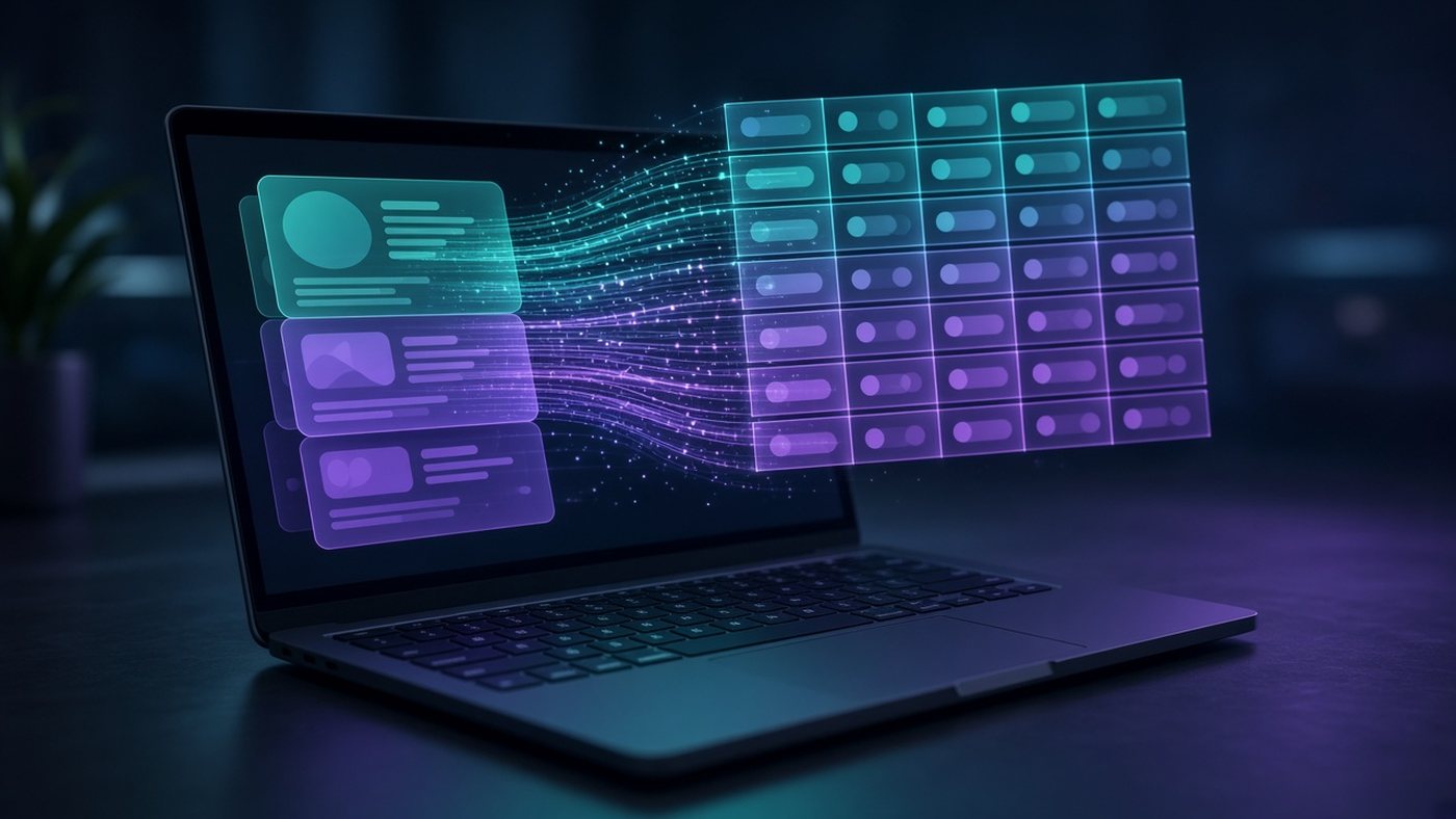 Portátil del que salen tarjetas de páginas web que se convierten en filas de datos luminosas