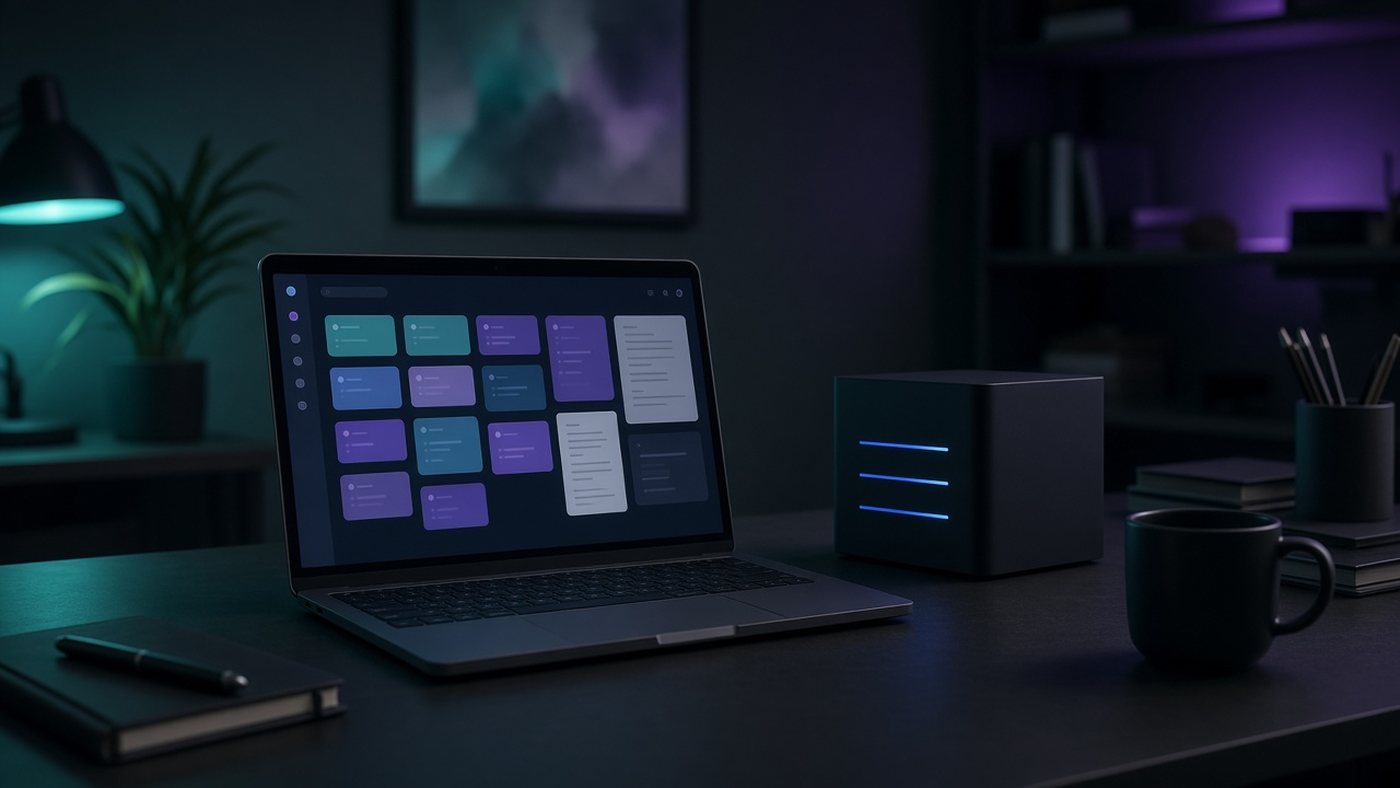 Portátil con un tablero de tarjetas de colores y documentos junto a un pequeño servidor con luces azules