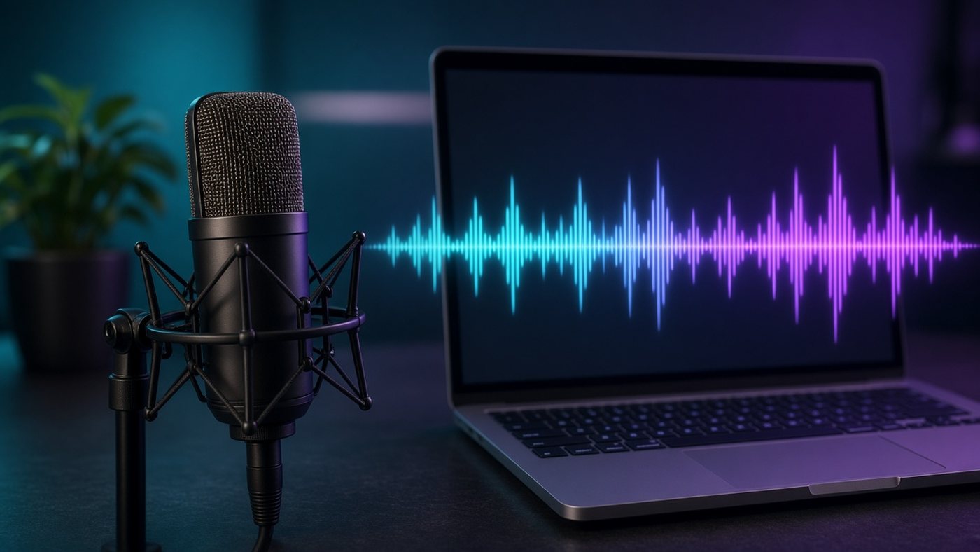 Micrófono de estudio junto a un portátil con ondas de sonido luminosas flotando sobre el teclado