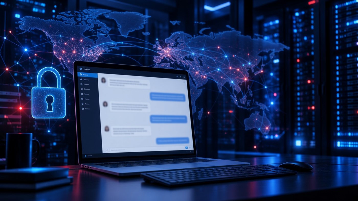 Portátil en una oficina con un chat de IA y un candado digital que simboliza la privacidad de los datos