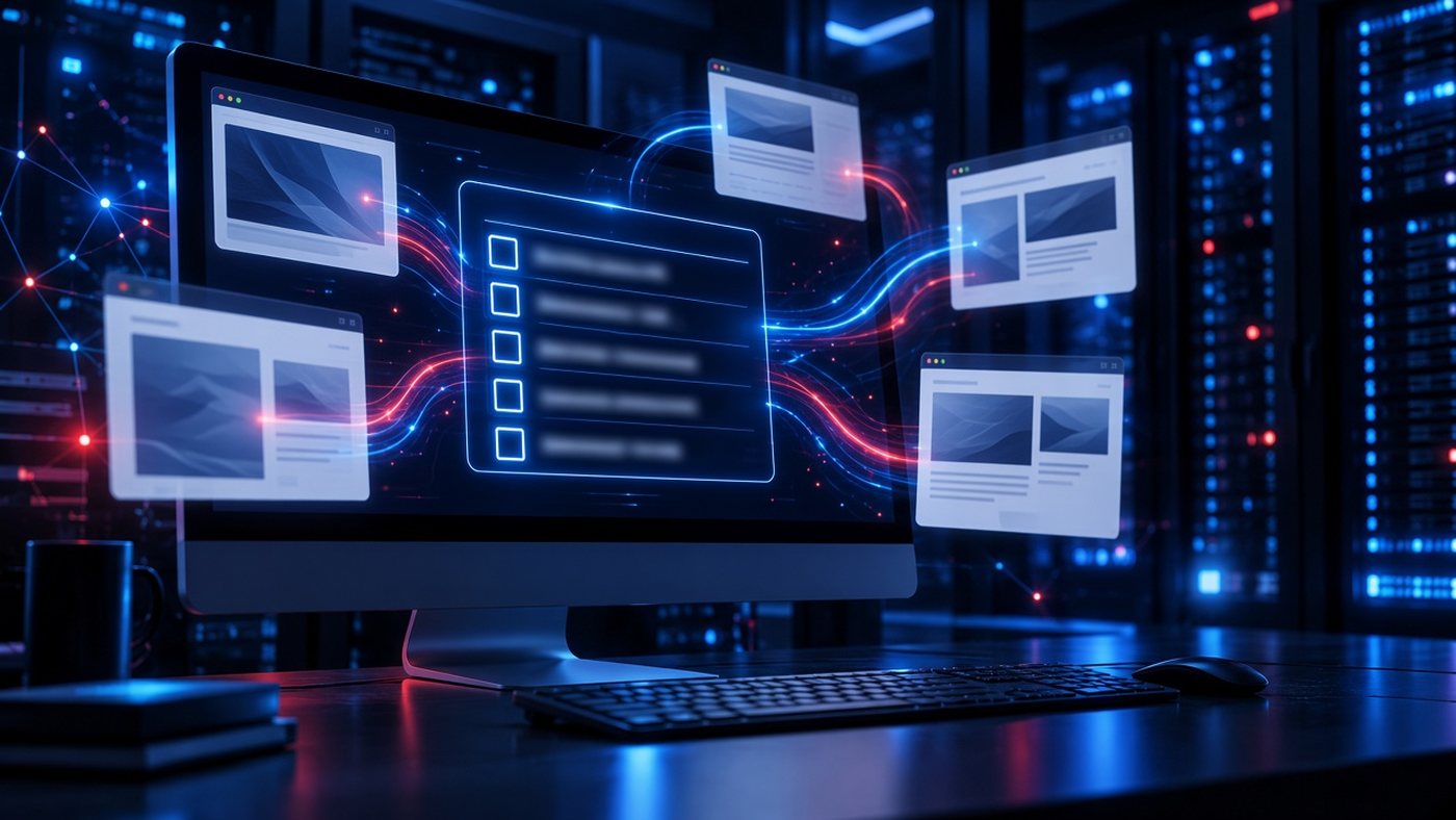 Pantalla de ordenador con un plan de tareas paso a paso y varias webs abiertas en segundo plano