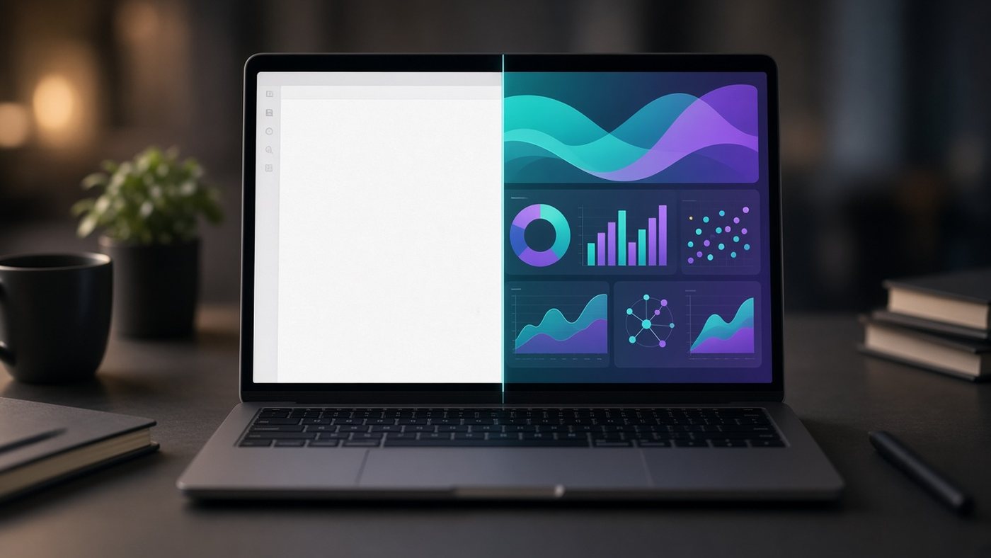 Portátil con la pantalla dividida: un documento en blanco que se transforma en un panel interactivo con gráficos