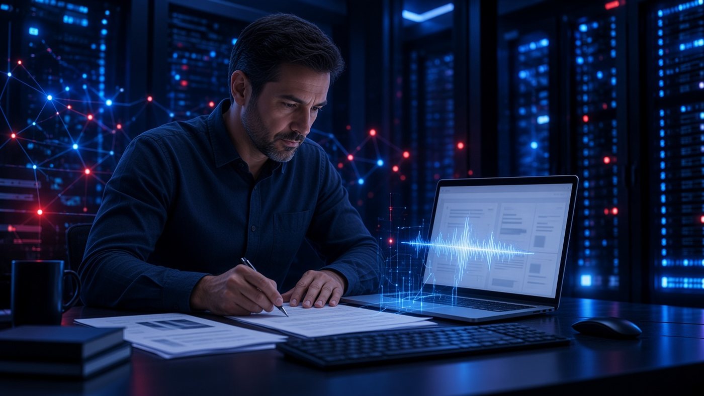 Persona en una oficina revisando documentos y notas en un portátil con un asistente de IA