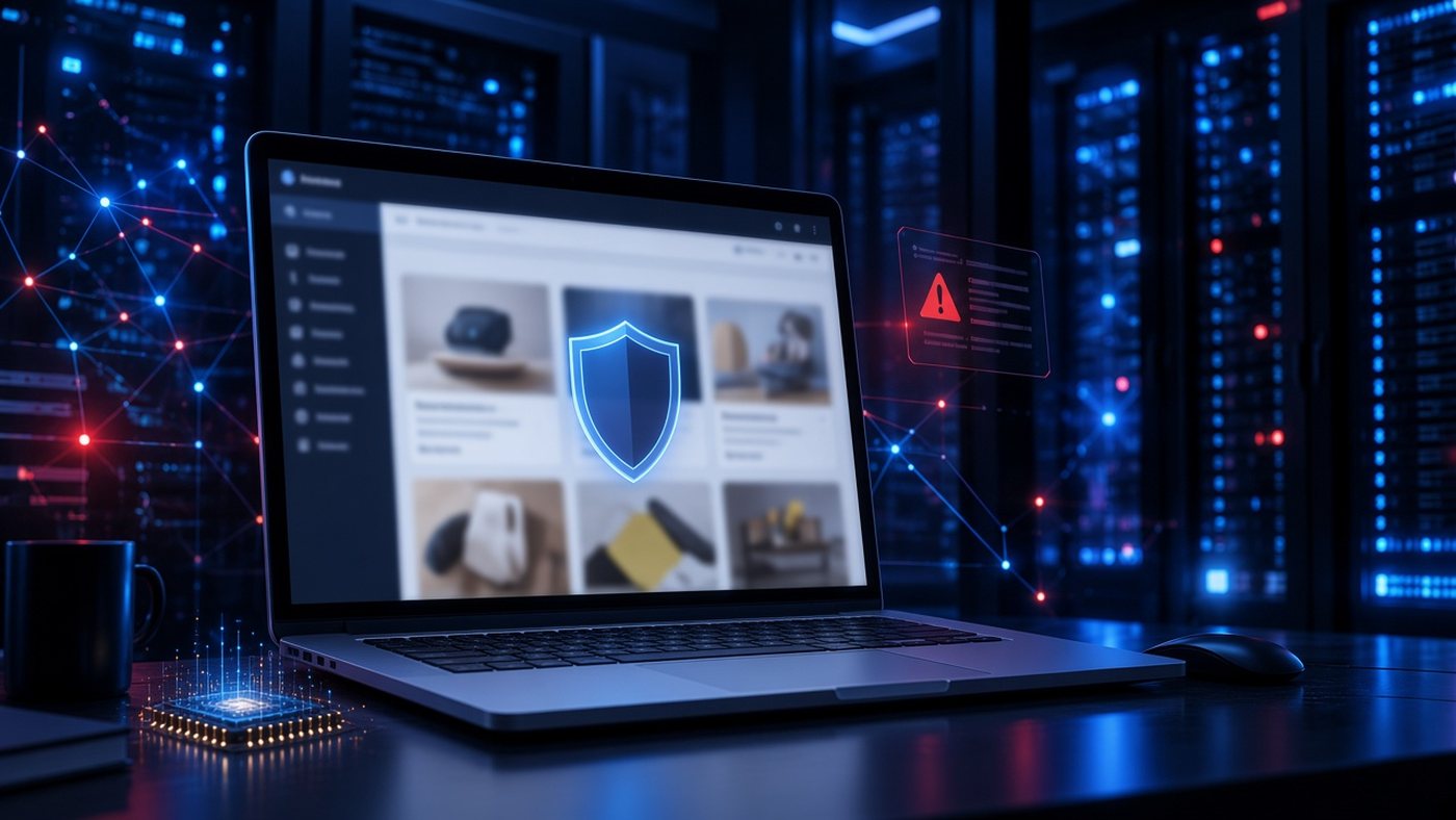 Portátil con un navegador moderno mostrando paneles de comparación de productos y un asistente lateral