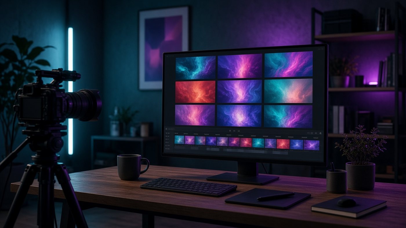 Estudio creativo con monitor que muestra fotogramas de vídeo de colores y una línea de tiempo, junto a una cámara en trípode