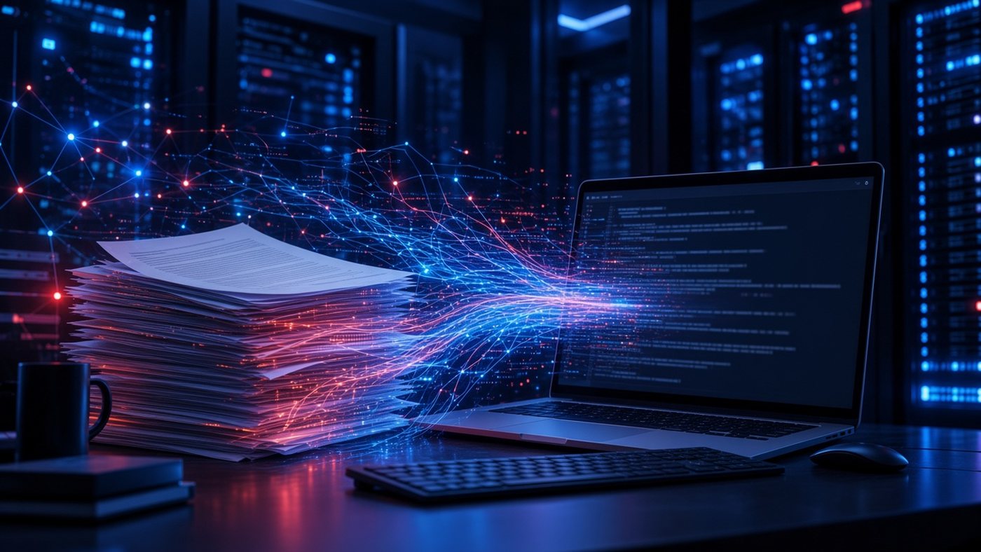 Documentos de papel transformándose en texto digital en la pantalla de un portátil