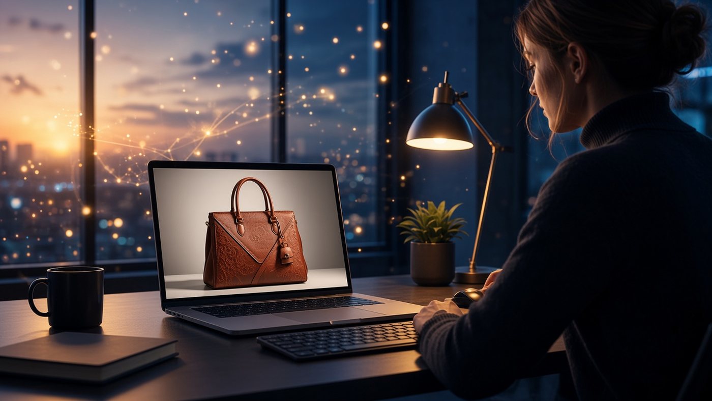 Diseñadora en un pequeño estudio editando la foto de un producto en un portátil con efectos de luz
