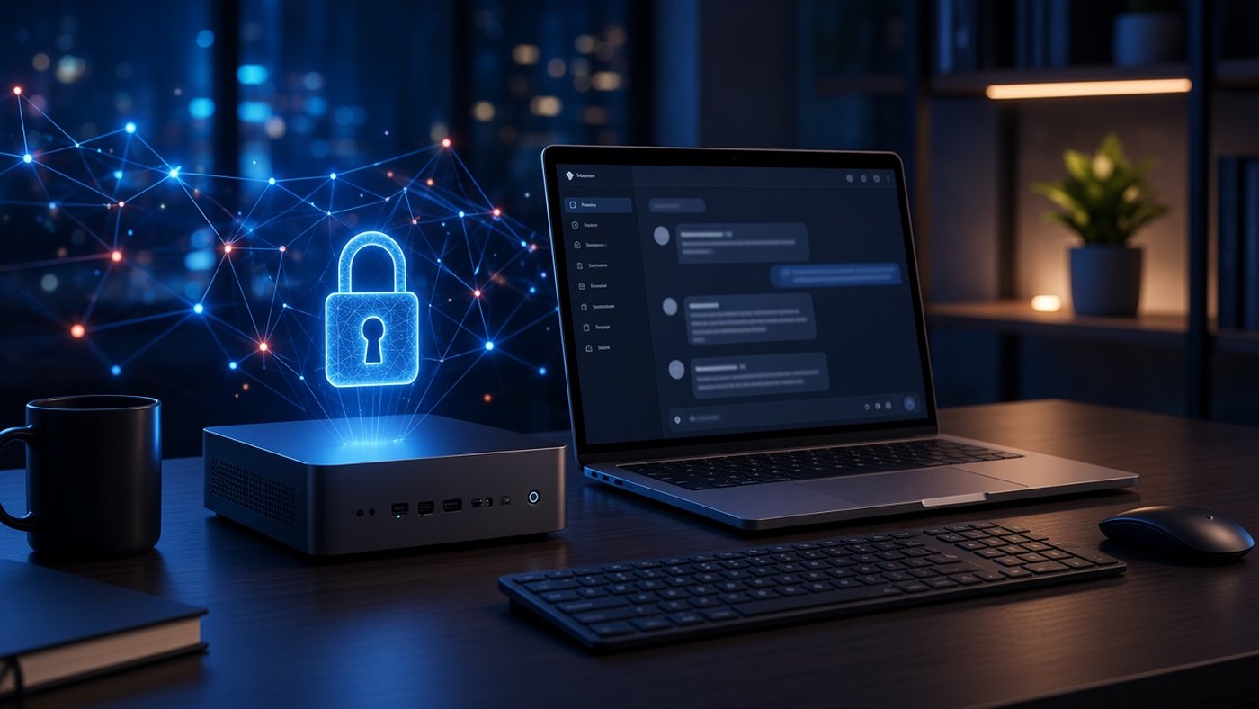 Mini PC con un candado digital junto a un portátil: IA local y privada en la oficina