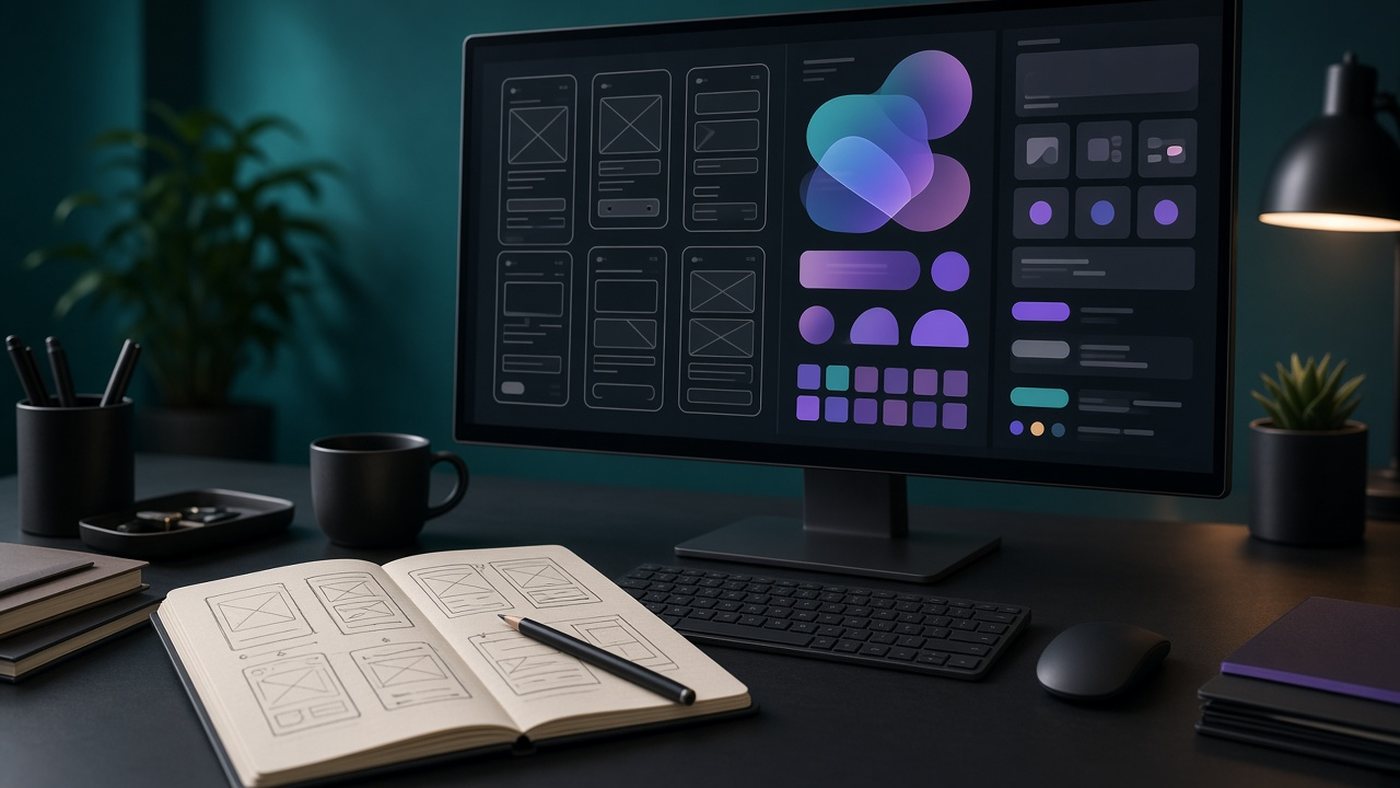 Escritorio de diseño con un monitor que muestra bocetos de pantallas de una app y un cuaderno con dibujos de interfaces