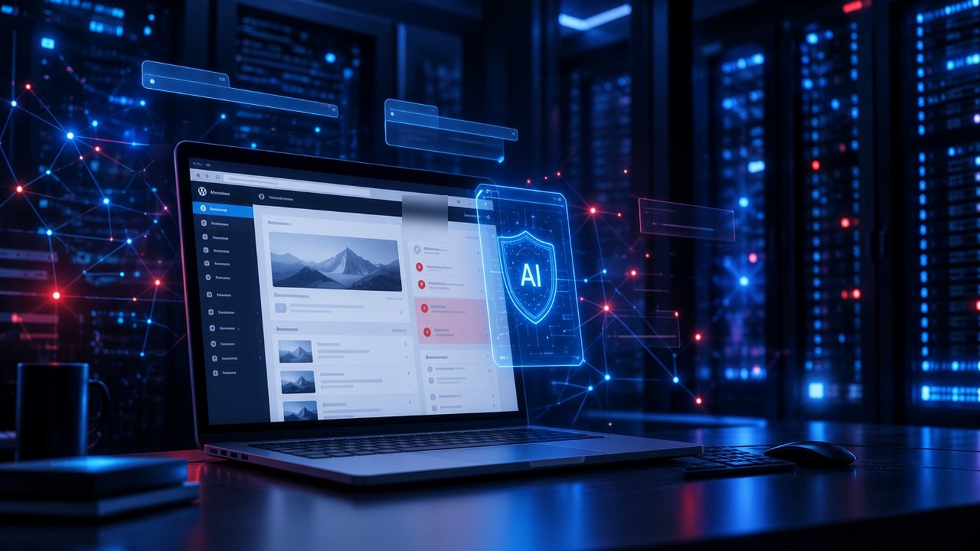 Portátil con un navegador abierto y un asistente de IA lateral en una oficina iluminada en azul