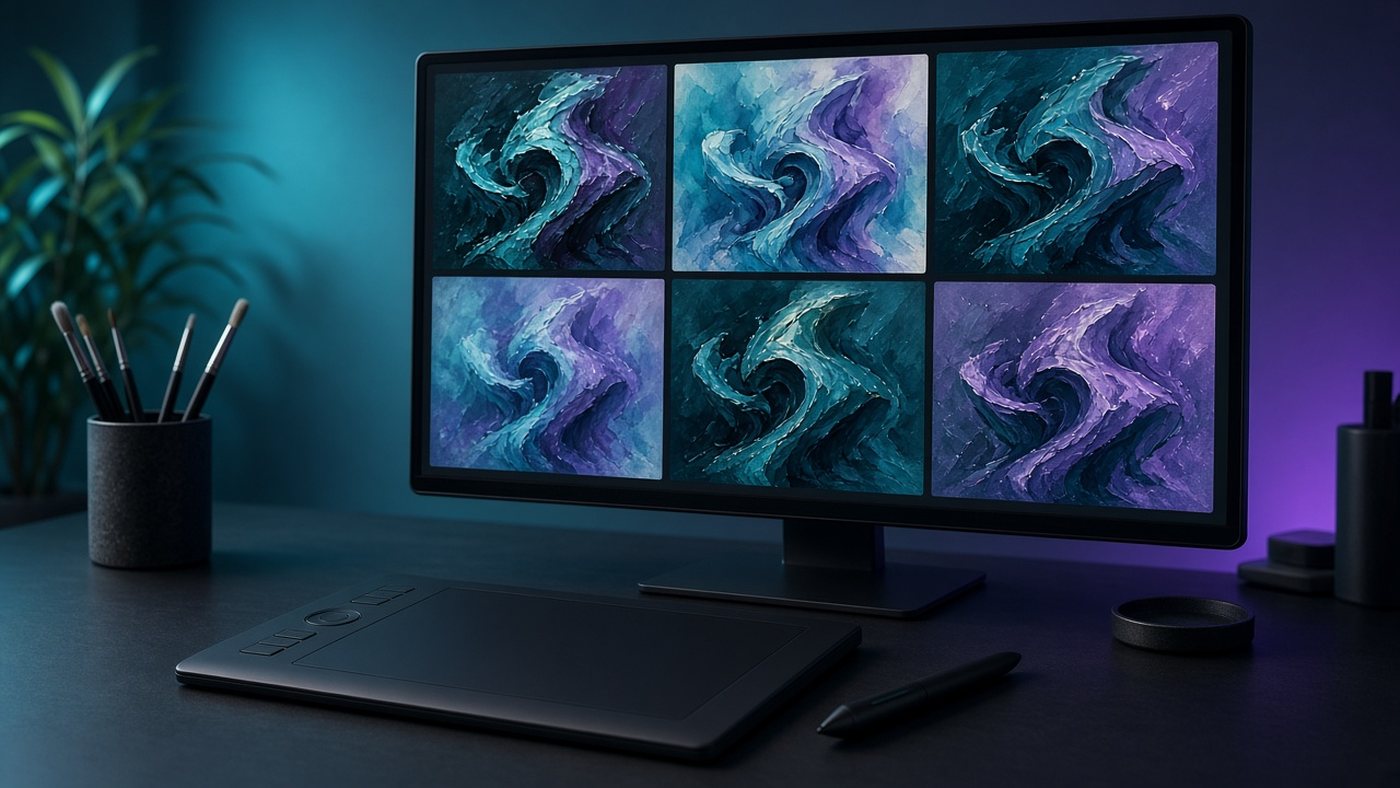 Tableta gráfica y monitor con varias variaciones de una misma imagen en distintos estilos pictóricos