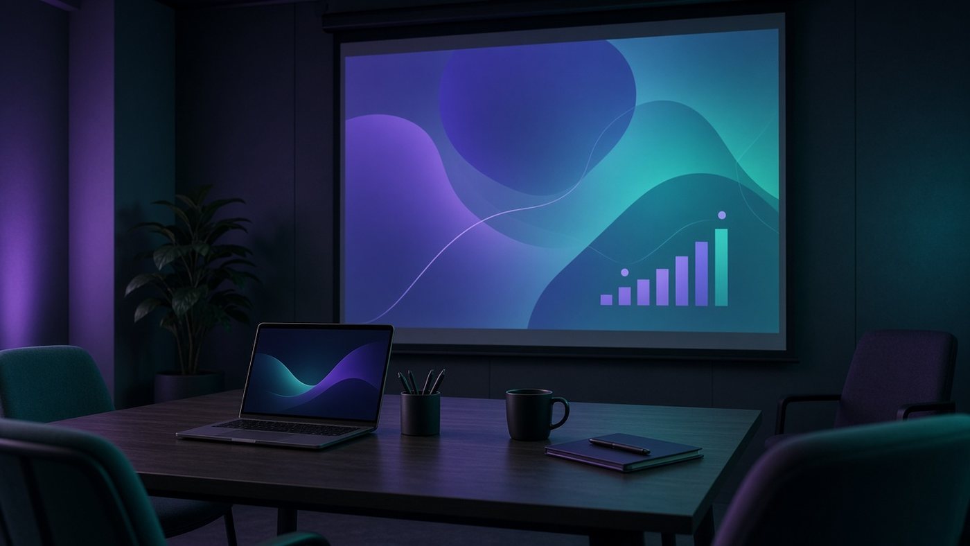Sala de reuniones con una pantalla que proyecta una diapositiva abstracta de colores y un portátil sobre la mesa