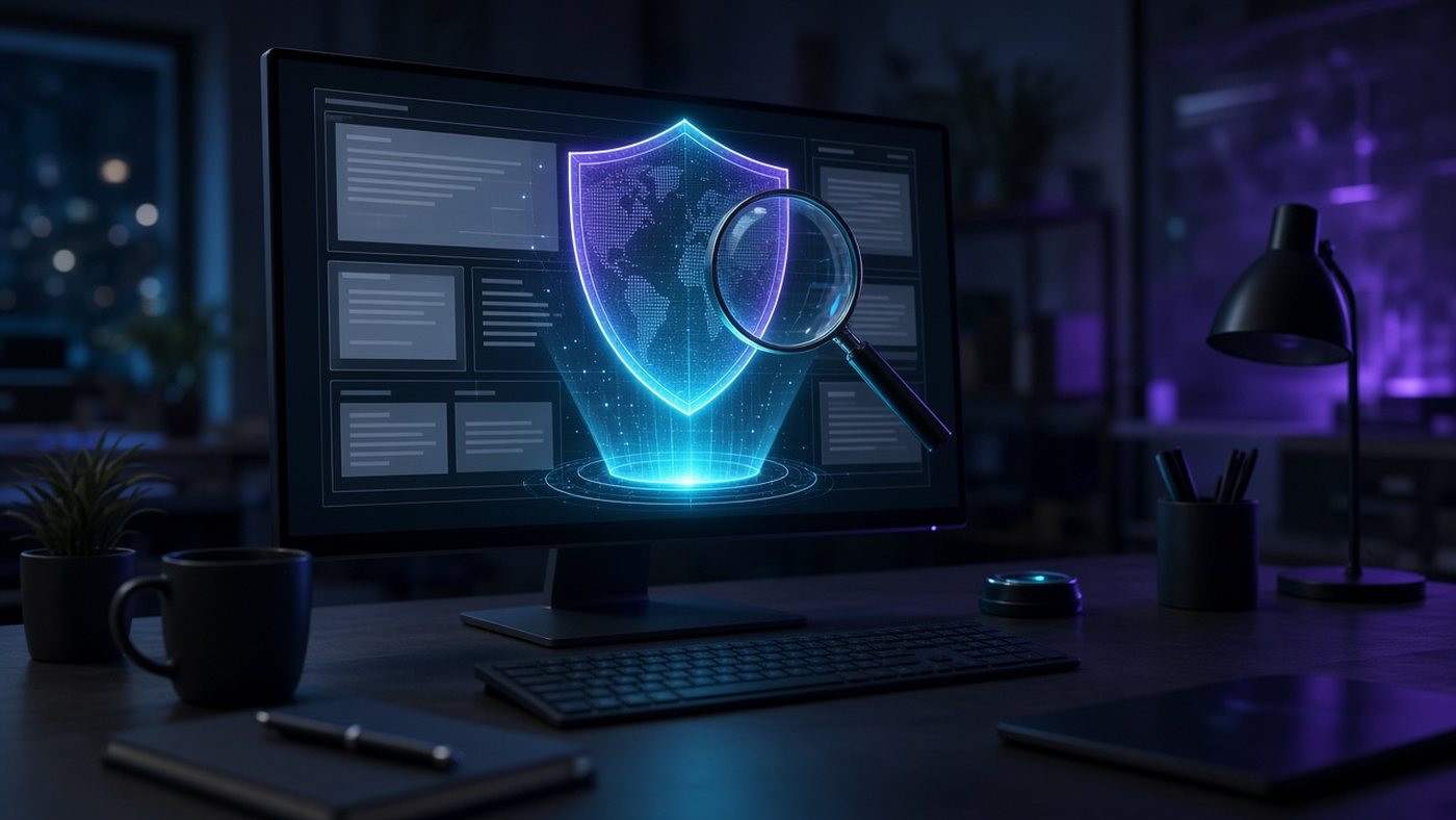 Monitor con un esquema de página web bajo un escudo luminoso y una lupa en un despacho de seguridad nocturno