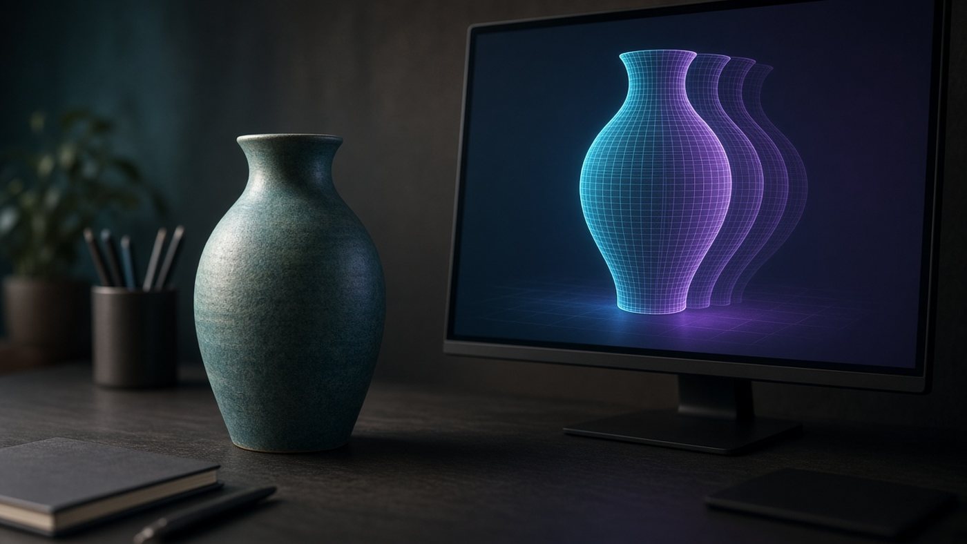 Jarrón de cerámica real junto a un monitor con su modelo 3D en malla luminosa