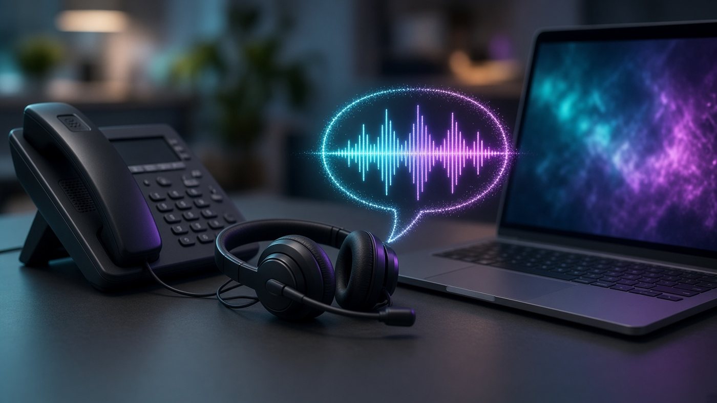 Teléfono de oficina y auriculares junto a un portátil con una onda de voz luminosa en forma de bocadillo