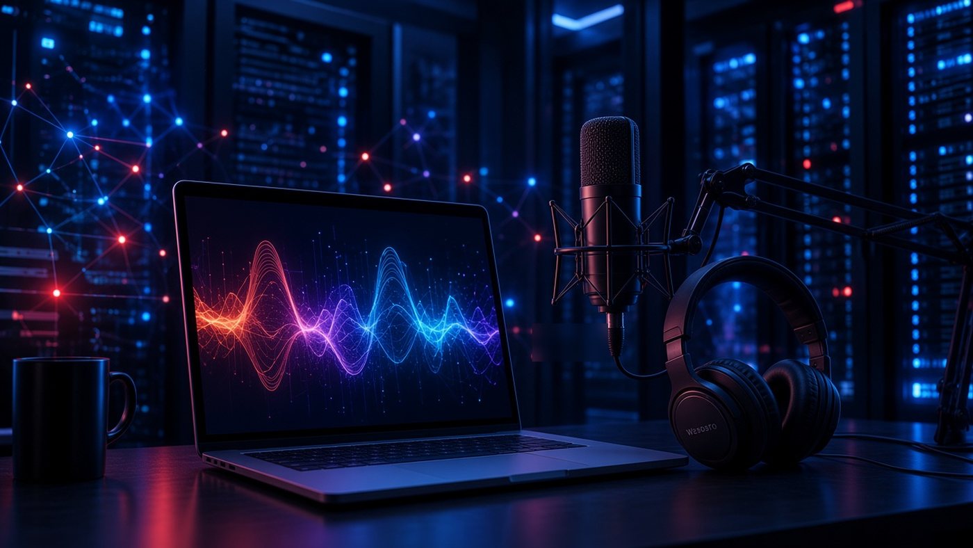 Micrófono y auriculares junto a un portátil que muestra una onda de audio convirtiéndose en texto